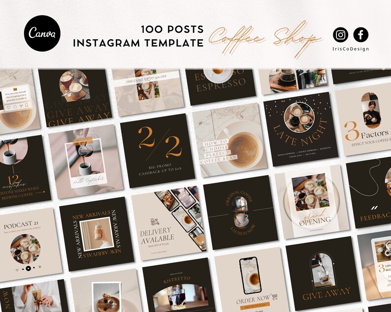 May include: A collection of 16 Instagram post templates for a coffee shop. The templates feature a variety of images and text, including coffee beans, coffee cups, and coffee shop signage. The templates are designed in a modern and minimalist style with a color scheme of black, white, and gold.