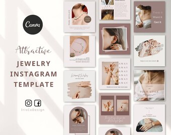 May include: A collection of Instagram templates for promoting jewelry. The templates feature a variety of jewelry pieces, including necklaces, earrings, and bracelets. The templates are designed in a minimalist style with a pink and white color scheme. The text on the templates includes phrases like "New Choice", "Warmest Wishes", "Giveaway", and "Your Style".