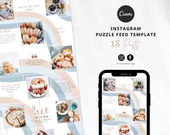 Food Instagram Puzzle Feed, Blue Template, Instagram Template Social Media Kit Canva template, Marketing design Editable in Canva