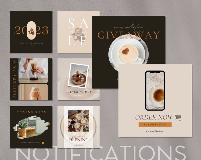 May include: A collection of social media posts for a coffee shop. The posts feature images of coffee, coffee drinks, and the shop's logo. The text on the posts includes "Delivery Now", "Special Promo", "Sweet Valentine Giveaway", "Coming Soon", "Grand Opening", and "Order Now".