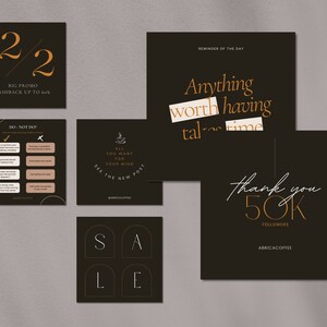 May include: A collection of five social media graphics for a coffee shop. The graphics feature a sale announcement, a thank you message for 50,000 followers, a reminder to take time for yourself, and a reminder to see the new post. The graphics are in a minimalist style with black backgrounds and orange text.