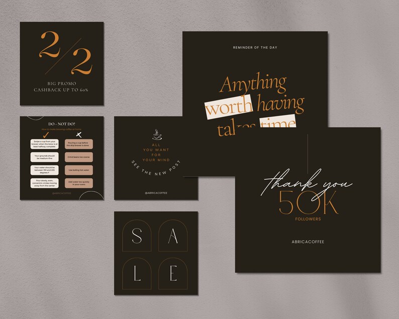 May include: A collection of five social media graphics for a coffee shop. The graphics feature a sale announcement, a thank you message for 50,000 followers, a reminder to take time for yourself, and a reminder to see the new post. The graphics are in a minimalist style with black backgrounds and orange text.