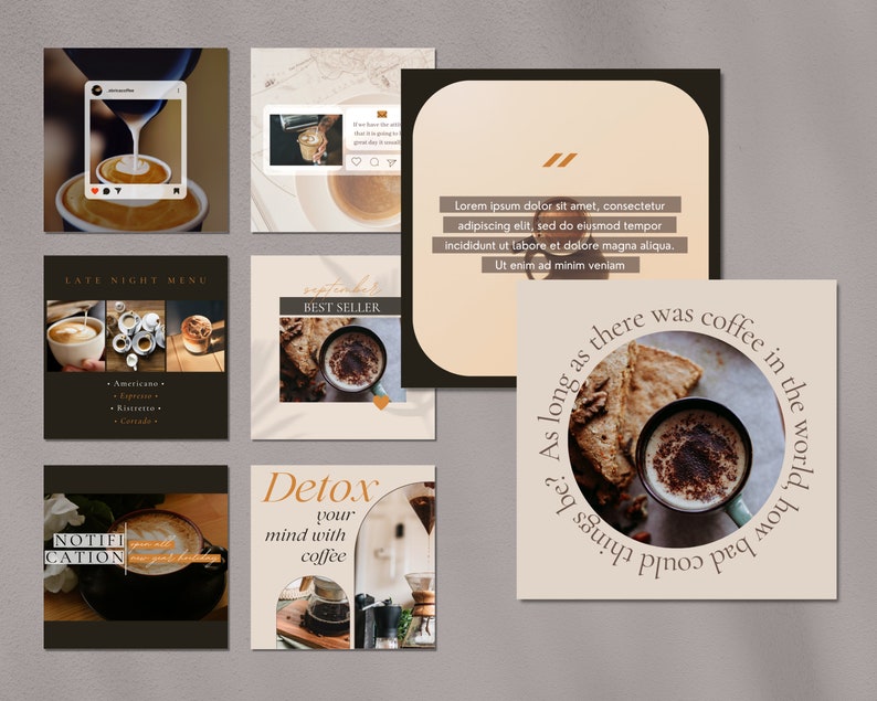 May include: A collection of Instagram posts featuring coffee and coffee-related quotes. The posts include images of coffee drinks, coffee beans, and coffee shops. The text on the posts includes quotes about coffee, such as "As long as there was coffee in the world, things could be", and "Detox your mind with coffee".
