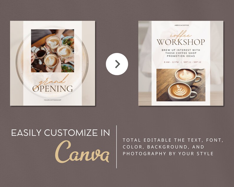 May include: A social media graphic for a coffee shop grand opening. The graphic features a photo of coffee cups with latte art and the text "grand opening". The graphic also includes a call to action to "brew up interest" with coffee shop promotion ideas.