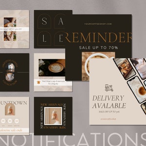 May include: A collection of social media posts for a coffee shop. The posts feature images of coffee drinks, a countdown timer, and text that says "Sale Up To 70%", "New Arrivals", "Delivery Available", "Original Coffee", and "Reminder".