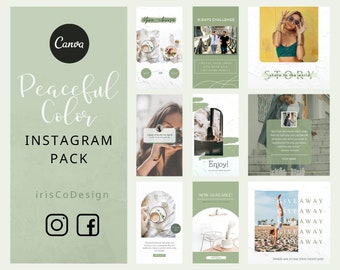 56 Posts and 56 Stories, Peaceful Color Instagram Template Pack and Branding Kit For Aesthetic Social Media Post Editable in Canva