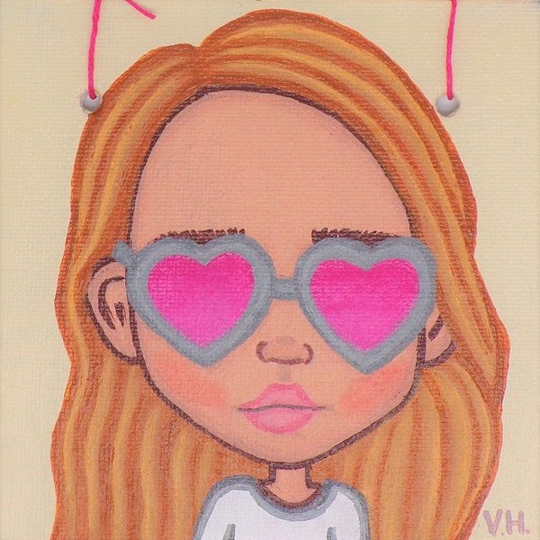 Original art small acrylic painting girl with heart sunglasses traditional art pop surrealism painting