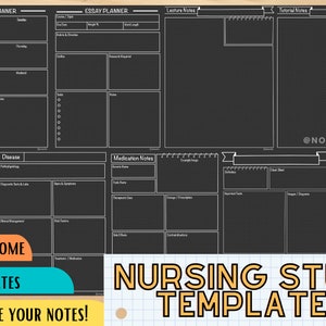 May include: Seven black and white printable nursing study templates. The templates include sections for study planner, essay planner, lecture notes, tutorial notes, disease, and medication notes. The text "MONOCHROME 7 TEMPLATES CONDENSE YOUR NOTES!" is at the bottom of the image.