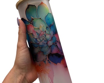 Watercolor lotus -25 oz Glass Tumbler with Bamboo Lid