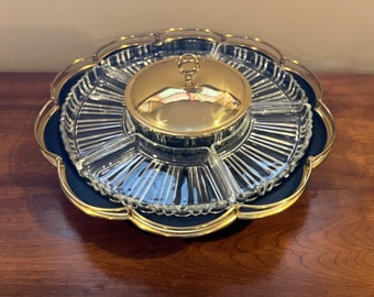 Mid Century Gold Metal Glass Lazy Susan Relish Veggie Tray