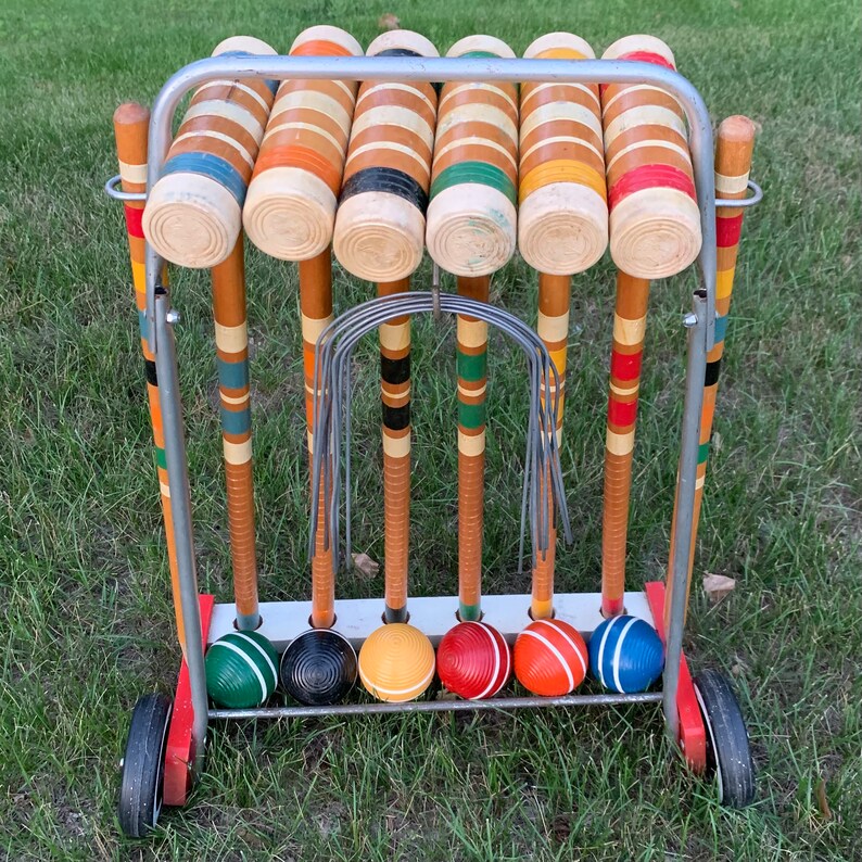 Vintage Croquet Set Wheeled Cart Lawnplay South Bend 6 Player Etsy