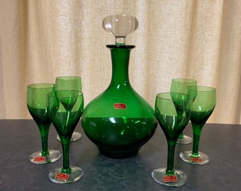 Vintage Decanter and 6 Glasses Made In Portugal Emerald Green Glass