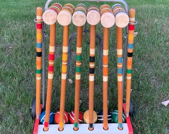 Vintage Croquet Set Wheeled Cart Lawnplay South Bend 6 Player Complete