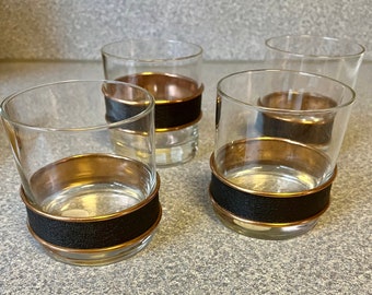 4 Old Fashioned Glasses Coppercraft Guild Copper and Leather Band