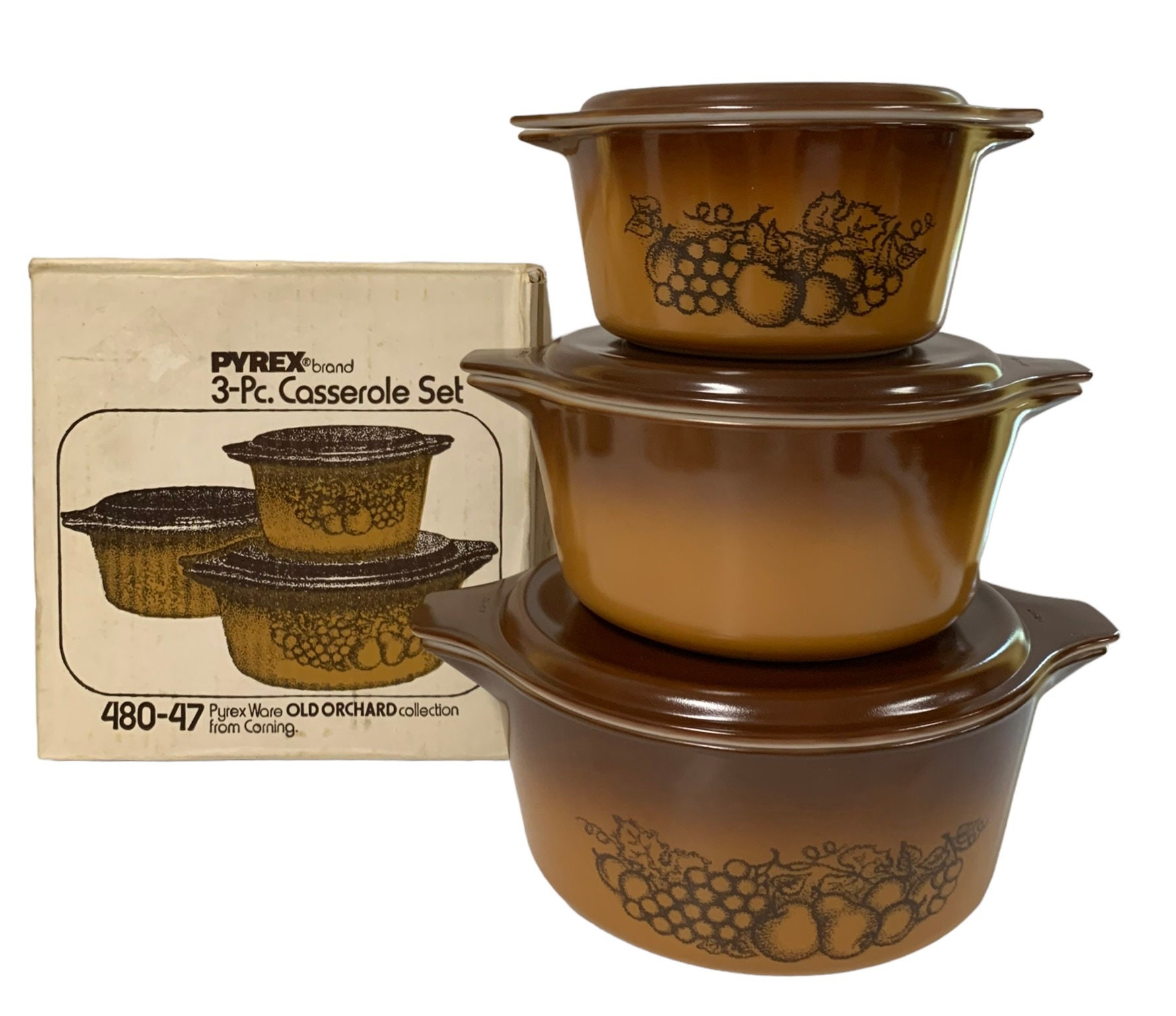 Pyrex Homestead Brown Nesting 3pc Casserole Baking Dish Set w