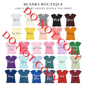 Blanks Boutique Girl&#39;s Ruffle Tee Size & Color Charts! Customizable Canva template and PNG. Edit for free on Canva.