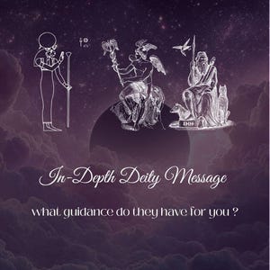 May include: A digital graphic featuring a dark purple starry sky with clouds. Three white line-art figures are depicted: an Egyptian deity, a winged figure with a staff, and a seated bearded figure with animals. Text reads: In-Depth Deity Message what guidance do they have for you?