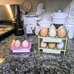 May include: A kitchen countertop with eggs in pink and gold egg holders. One holder has two eggs and the word "Breakfast". The other holder has eggs and the words "Laid 4/5/23" and "Tuesday".