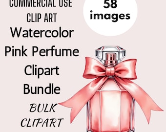 Akwarelowy różowy flakon perfum – clipart: Elegancka ilustracja zapachu (pobieranie cyfrowe PNG)