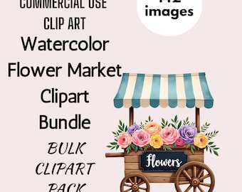 Akvarell blomsterbutik Clipart: Illustrationer av bondens marknad (digital nedladdning av PNG)