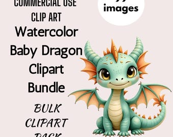 May include: A watercolor illustration of a baby dragon with teal scales, orange wings, and large, expressive eyes. The image includes text that reads "COMMERCIAL USE CLIP ART Watercolor Baby Dragon Clipart Bundle BULK CLIPART PACK" and "99 images."