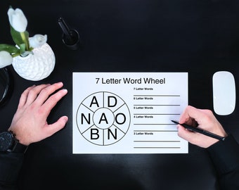 May include: A black and white word wheel game with the letters A, D, N, A, O, B, and N arranged in a circle. The game includes a list for writing down words of different lengths.