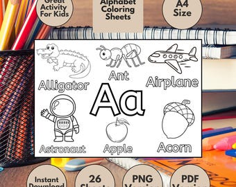 Alphabet Coloring Pages: Fun Preschool Printable Activity (26 Sheets) (Digital Download)