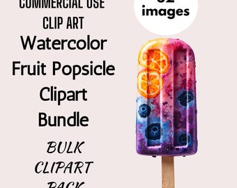Watercolor Popsicle Clipart: 52 Summer Fruit Ice Pop PNGs (Digital Download)