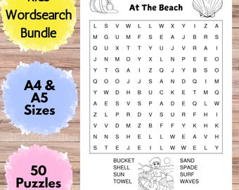 Op de afbeelding: Een woordzoekerbundel voor kinderen met een strandthema. De afbeelding bevat een woordzoekerpuzzel, illustraties van een emmer, schelp en een kind dat surft. De bundel bevat A4- en A5-formaten en 50 puzzels.
