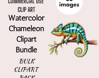 Watercolor Chameleon Clipart: 55 Tropical Reptile PNGs (Digital Download)