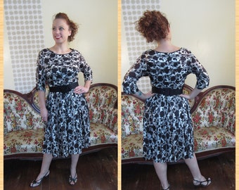 Vintage 1960’s Black and White Roses on the Vine Belted Dress