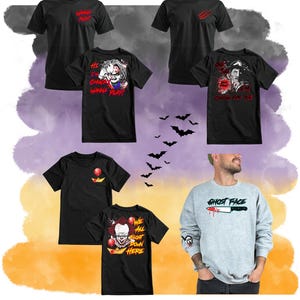May include: A collection of black t-shirts featuring horror movie graphics and text including "Wanna Play?", "Hi I'm Chucky", "One, Two, Elm Street", and "We All Float Down Here" with a paper boat and red balloon, plus a gray sweatshirt with "Ghost Face" and a knife.