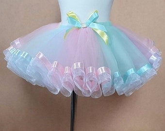 Girl's Unicorn Tutu  With Head Band /Rainbow Pastel Colors Tutu/Multi colors Double Ribbon Tutu/Birthday Outfit/Ballerina