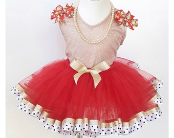 Red And Rose Gold Color  Tulle Tutu Set With Head Accessory/Toddler Girls Tutu Skirt/Ladybird Outfit