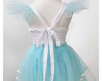 Light Blue Color Tutu and White Color Top With Hair Accessory/ Pastel Color Tutu/ Pom Pom Trimmed Tutu/Kids Birthday Outfit Set