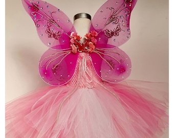 Kids Fairy Dress With Head Band and Butterfly Wings / Butterfly Costume/ Girls Halloween Costume/Kids Photography Outfit/Tutu Dress
