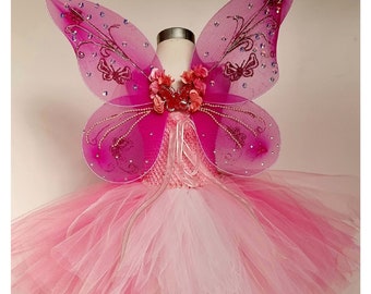 Kids Fairy Dress With Head Band and Butterfly Wings / Butterfly Costume/ Girls Halloween Costume/Kids Photography Outfit/Tutu Dress