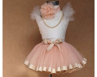 Light Peach Color Tutu and White Color Top With Headband/ Pastel Color Tutu/ Dull Gold Color Ribbon Trimmed Tutu/Kids Birthday Outfit Set