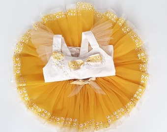 Yellow Color Daisy Trimmed Tutu And Head Band With Top/ Tulle Skirt/ Double Ribbon Tutu/ Birthday Outfit/Ballerina outfit/Tutu/Kids Tutu