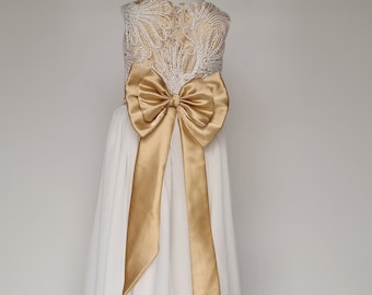 Robes longues de demoiselle d'honneur en dentelle blanche et mousseline de soie/Robe de broderie perlée/Robes de soirée pour enfants