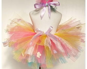 Unicorn Tutu With Head Accessory /Pastel Rainbow Tutu/Floral Rainbow Tutu/ Fairy Costume/Kids Birthday Outfit