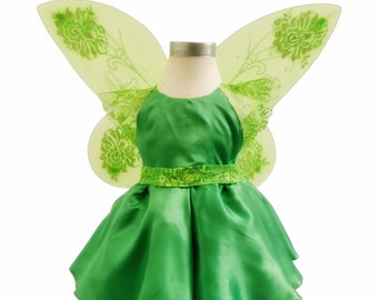 Robe inspirée de la fée clochette avec des ailes de fée clochette / Robe tutu verte / Robe de fée / Robe de fée des bois pour bébé fille / Robe d'Halloween pour tout-petit