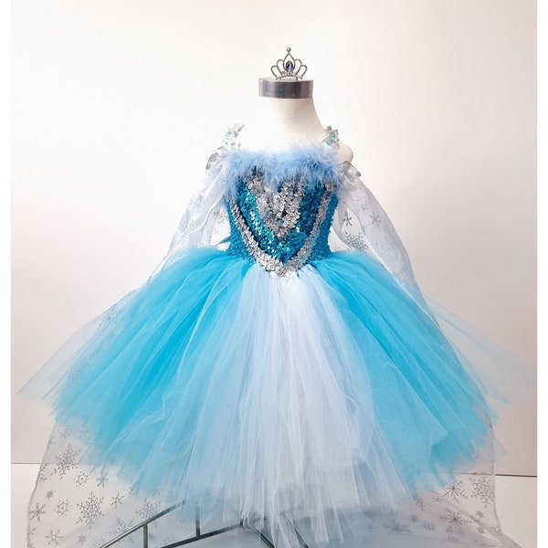 Frozen Movie Elsa Inspired Costume with Tiara Crown and Cape/Blue Tutu Dress/ Princess Outfit/Snow Queen