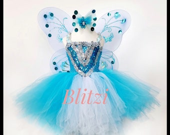 May include: A blue and white tulle tutu with a sequined bodice and butterfly wings. The bodice is decorated with silver and blue sequins and flowers. The wings are made of sheer fabric with silver glitter and blue accents.