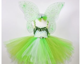 Tinkerbell Inspired Dress With Tinkerbell Wings & Head Accessory/ Green Color Tutu Dress/ Fairy Dress/ Girls Halloween Costume