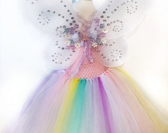 Baby Girl Pastel Rainbow Fairy Dress With Fairy Wings / Butterfly Costume/ Halloween Costume/Kids Photography Outfit