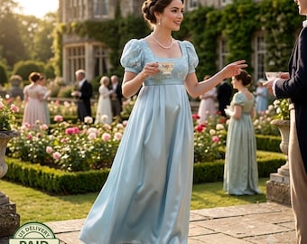 Light Mint/ Teal Embroidery Regency Dress: Empire Gown