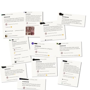 May include: A collection of ten white rectangular customer review cards featuring five-star ratings, black text, and seller responses from Hiruni. The reviews contain various positive feedback regarding dress quality, custom sizing, and customer service.