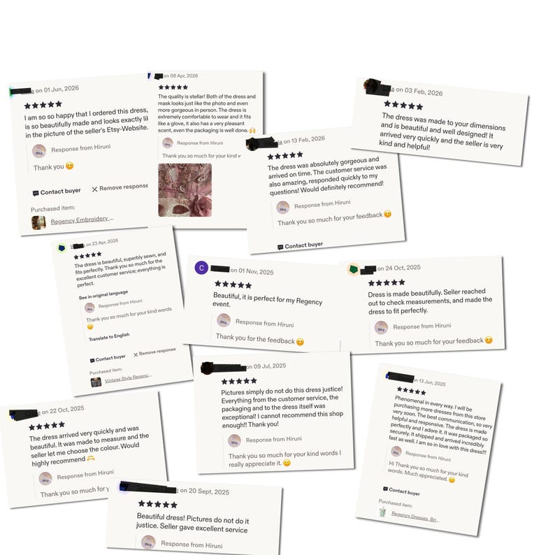 May include: A collection of ten white rectangular customer review cards featuring five-star ratings, black text, and seller responses from Hiruni. The reviews contain various positive feedback regarding dress quality, custom sizing, and customer service.