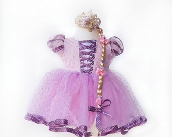 Princess Rapunzel Inspired Dress ,Floral Wig With Tiara/Rapunzel Costume/Baby Girl Dress/Tangled Dress/Fancy Disney Dress/Purple Party Dress